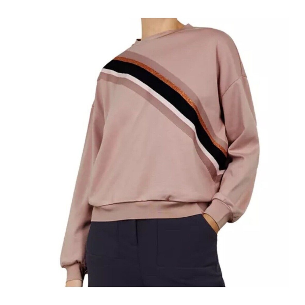 Ted Baker Dusty Pink Crewneck Sweater with Black and Copper Stripes